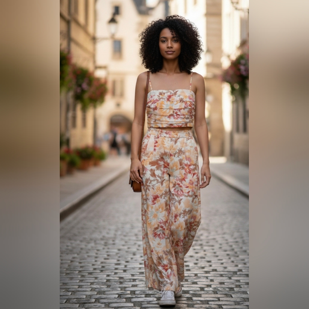 Abercrombie & Fitch Floral 2 Piece Set in Cream and Pink